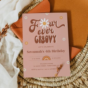 Four Ever Groovy Birthday Invitation, Hippie, Retro, 70&#39;s Vibe, 4th Birthday Party Invite, Editable Template, Instant, Templett #051-124BD