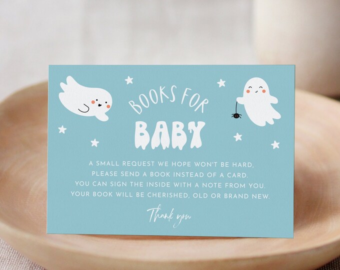 Halloween Books for Baby Card, Blue Book Request, Boy Baby Shower Invitation Book Insert, Editable Text, Templett, 2 Sizes #0001-149BFB