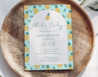 Pineapple Baby Shower Invitation Template, Aloha Hawaiian Luau Theme Invite, Hula on Over, Gender Neutral, Editable, Templett #0044-244BA