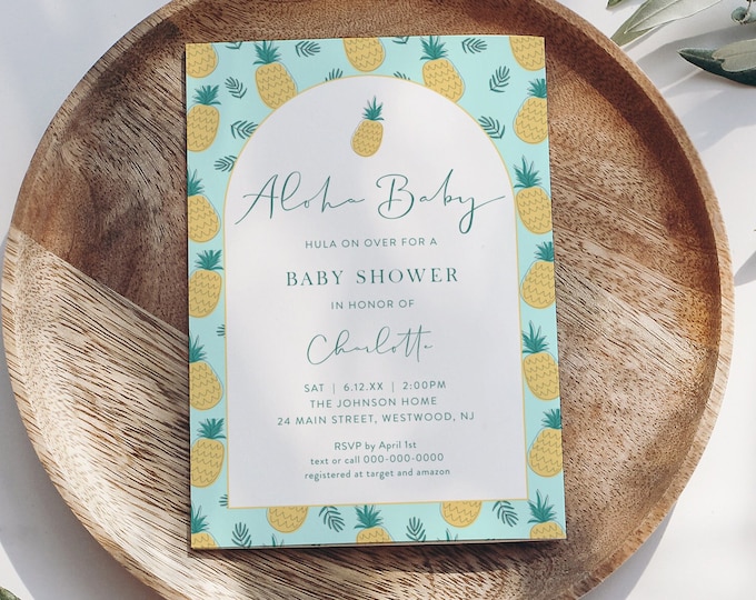 Pineapple Baby Shower Invitation Template, Aloha Hawaiian Luau Theme Invite, Hula on Over, Gender Neutral, Editable, Templett #0044-244BA