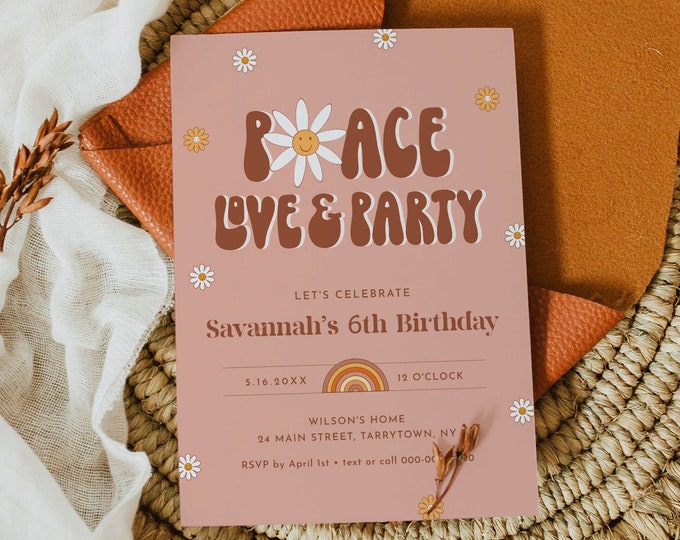 Groovy Birthday Invitation, Hippie, Retro, 70's Vibe, Any Age Birthday Invite, Peace Love, Editable Template, Instant, Templett #051-126BD