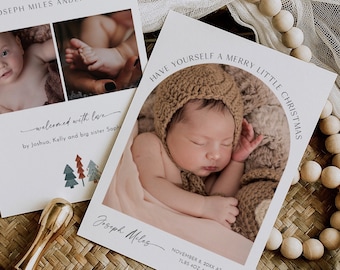 Holiday Birth Announcement, Photo Christmas Baby Card, Modern Arch, Editable Template, Instant Download, Templett, 5x7 #0034W-170HP