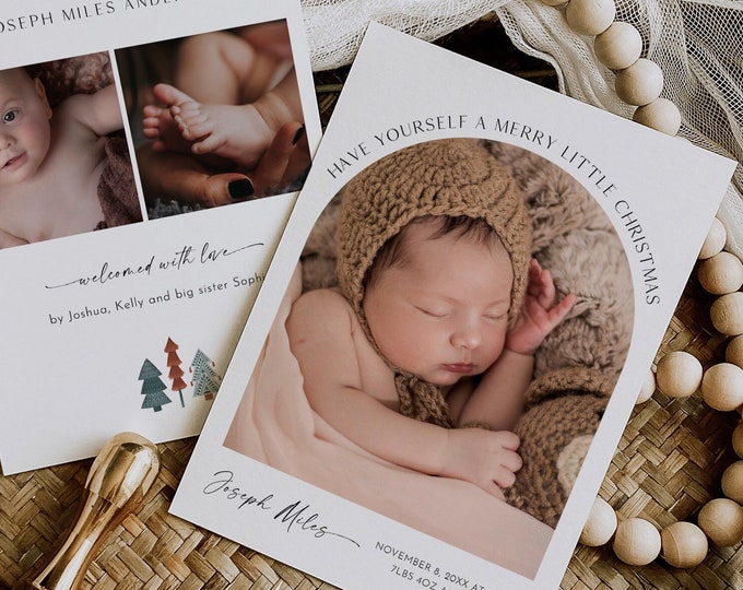 Holiday Birth Announcement, Photo Christmas Baby Card, Modern Arch, Editable Template, Instant Download, Templett, 5x7 #0034W-170HP