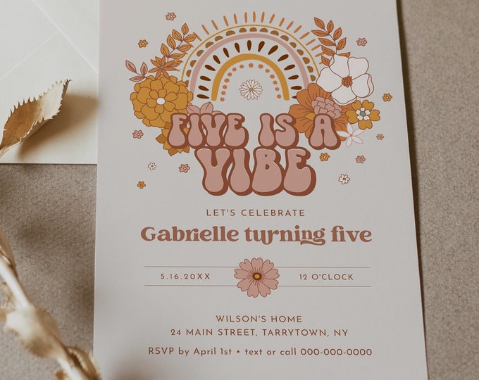 Five is a Vibe Birthday Invitation, Hippie, Retro, 70s, Groovy 5th Birthday Party Invite, Editable Template, Instant, Templett #050-114BD