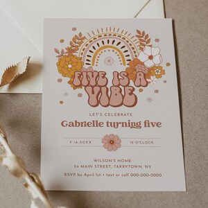 Five is a Vibe Birthday Invitation, Hippie, Retro, 70s, Groovy 5th Birthday Party Invite, Editable Template, Instant, Templett #050-114BD