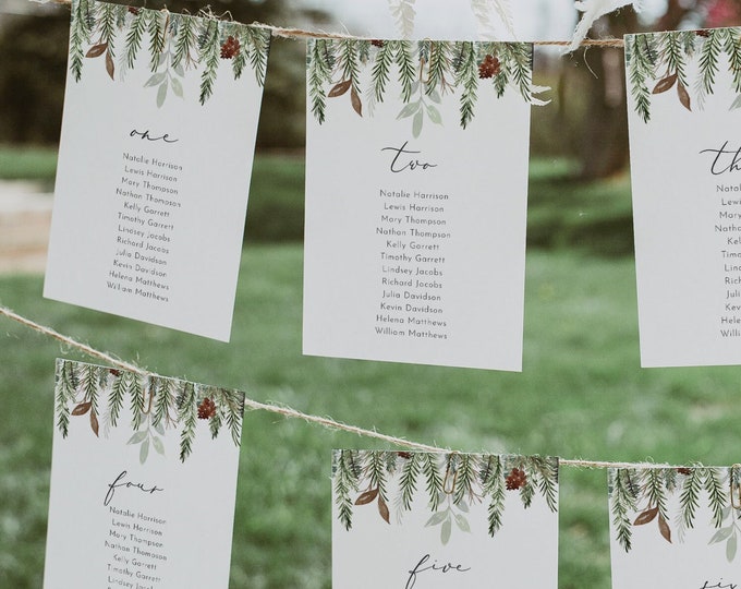 Pine Seating Chart Template, Winter Wedding Seating Plan, Hanging Cards, 100% Editable, Instant Download, Digital, Templett #0017-150SP