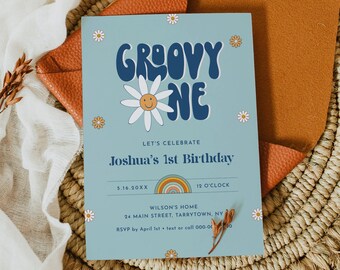 Groovy One Birthday Invitation for Boy, Hippie, Retro, 70's Vibe, 1st Birthday Invite, First, Editable Template, Instant, Templett 051-122BD