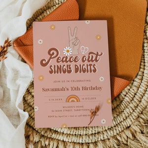 Groovy Birthday Invitation, Hippie, Retro, 70&#39;s Vibe, 10th Birthday Invite, Peace Out, Editable Template, Instant, Templett #051-127BD