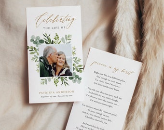Funeral Prayer Card Template, Greenery Memorial Prayer Card, Prayer Poem, Obituary, Editable Text, Instant Download, Templett #082-108FPC