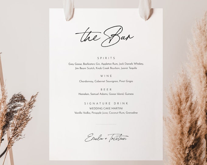 Minimalist Bar Menu Sign, Open Bar Sign, Alcohol Wedding Drink Menu, Editable Template, Instant Download, Templett #0024-114BM