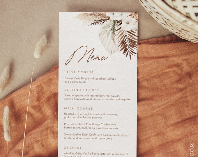 Bohemian Menu Card Template, Wedding / Bridal / Baby Shower Menu, Editable Dinner Menu, Boho Pampas, Instant Download, Templett #0028A-208WM