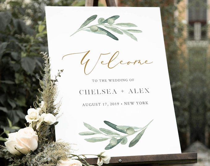 Olive Greenery Welcome Sign Template, Wedding or Bridal Shower Welcome Sign Poster, Instant Download, Editable Text, Templett #081-152LS