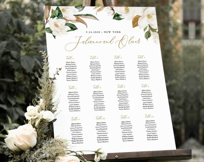 Magnolia Seating Chart Template, Wedding Seating Sign, Alphabetical & Table Number Order, 100% Editable Text, INSTANT DOWNLOAD #015-241SC