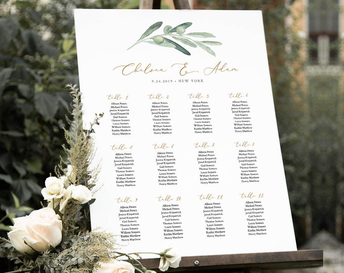 Wedding Seating Chart Template, Printable Bridal Shower Seating Sign, Olive Greenery, Instant Download, Editable Text, Templett #081-239SC