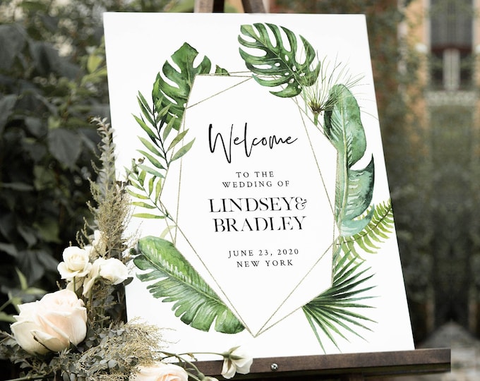 Tropical Welcome Sign Template, Palm Greenery Wedding or Bridal Shower Welcome Sign Poster, Instant Download, Editable, Templett #083-167LS