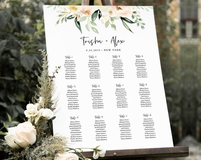 Wedding Seating Chart Template, Printable Bridal Shower Seating Sign, Instant Download, 100% Editable Text, Templett, Boho Floral #076-234SC