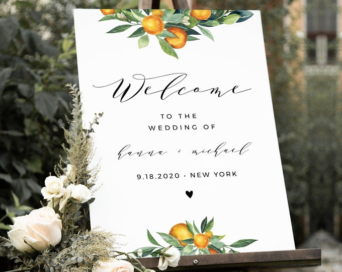 Welcome Sign Template, Printable Citrus Orange Blossom Wedding or Bridal Shower Sign, Instant Download, 100% Editable, Templett #084-157LS