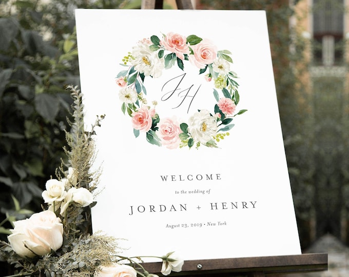 Welcome Sign Template, Instant Download, Wedding Monogram, Bridal Shower, 100% Editable, Printable Poster, Florals, US & UK Sizes #043-121LS