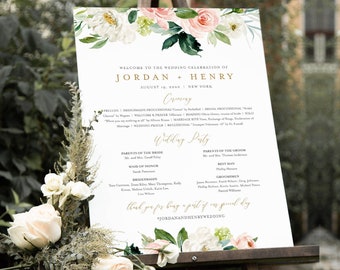 Wedding Program Sign Template, Boho Floral Order of Service / Events, Editable Text, Ceremony Poster, Instant Download, Templett #043-168LS