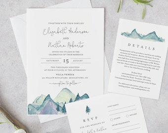 Mountain Wedding Invitation Template, Printable Invite, RSVP and Details, INSTANT DOWNLOAD, 100% Editable Text, Rustic Pine, Templett #063A
