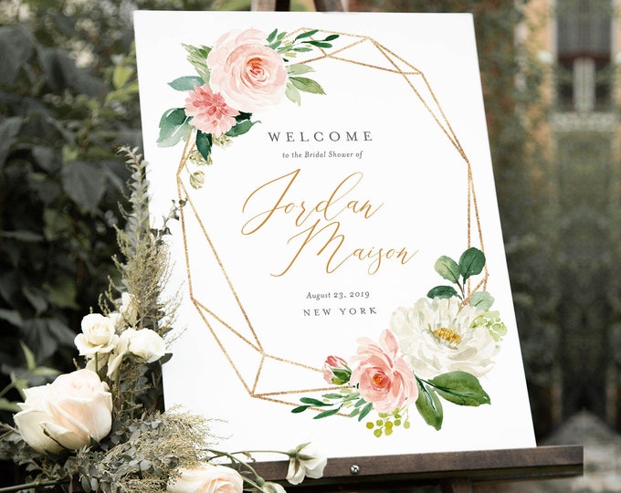 Welcome Sign Template, Bridal Shower, Instant Download, 100% Editable Text, Printable Wedding Poster Sign, Florals, US & UK Sizes #043-120LS