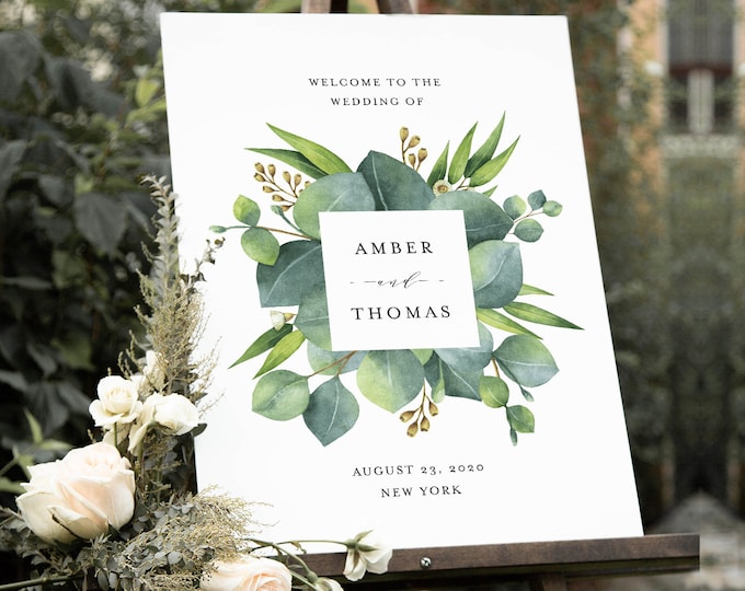 Eucalyptus Welcome Sign Template, Printable Greenery Wedding or Bridal Shower Sign, Instant Download, Editable Text, Templett #036-169LS