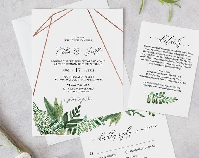 Greenery Wedding Invitation Template, Printable Invite, RSVP and Details, INSTANT DOWNLOAD, 100% Editable Text, Boho Foliage, Templett #080B