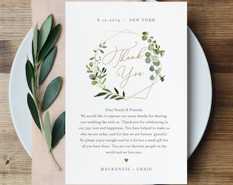 Wedding Thank You Card Template, Greenery & Gold, Printable In Lieu of Favors, INSTANT DOWNLOAD, 100% Editable Text, Templett #056-116TYN