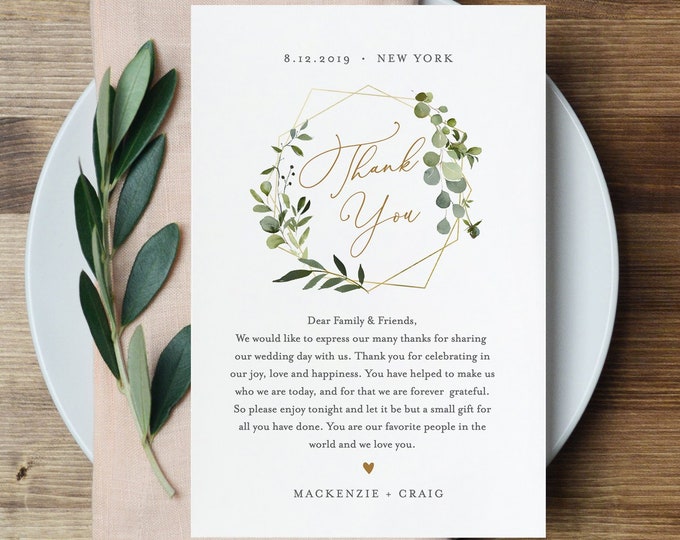 Wedding Thank You Card Template, Greenery & Gold, Printable In Lieu of Favors, INSTANT DOWNLOAD, 100% Editable Text, Templett #056-116TYN