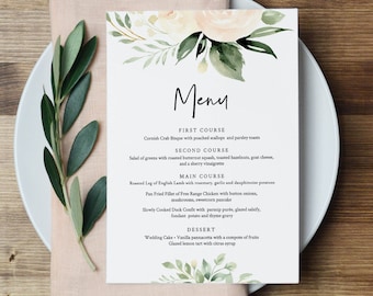 Menu Template, Boho Floral Greenery Wedding Menu Card, Printable DIY Dinner Menu, INSTANT DOWNLOAD, Editable Text, 5x7 & 3.5x8.5 #076-163WM