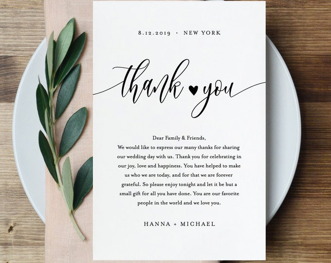 Thank You Note Template, Rustic Wedding In Lieu of Favor Card, 100% Editable, Printable Napkin Thank You Card, INSTANT DOWNLOAD #008-115TYN