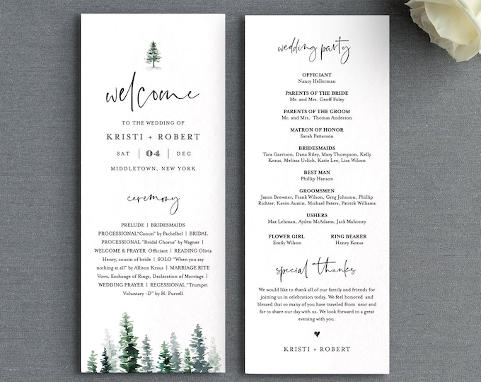 Pine Wedding Program Template, Printable Rustic Order of Service, 100% Editable Text, Flat Program, Instant Download, Templett #073-219WP