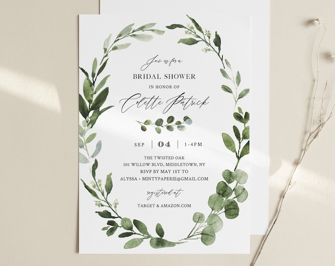 Greenery Bridal Shower Invitation Template, Boho Foliage Couples Shower Invite, Editable Bridal Brunch, INSTANT DOWNLOAD, Templett 082-236BS