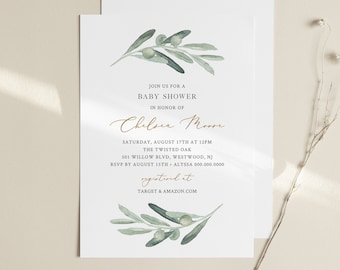 Greenery Baby Shower Invitation Template, Printable Watercolor Olive Branch Invite, 100% Editable Text, Instant Download, Templett 081-120BA