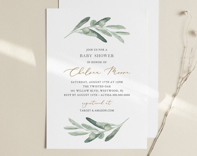 Greenery Baby Shower Invitation Template, Printable Watercolor Olive Branch Invite, 100% Editable Text, Instant Download, Templett 081-120BA