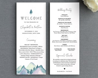 Rustic Wedding Program Template, Mountain Pine Order of Service, Editable, Printable Flat Program, Instant Download, Templett #063-225WP