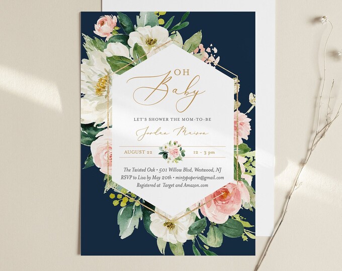 Boho Baby Shower Invitation Template, Printable Floral Navy Baby Shower, Gender Neutral, 100% Editable Text, Instant Download #043-116BA