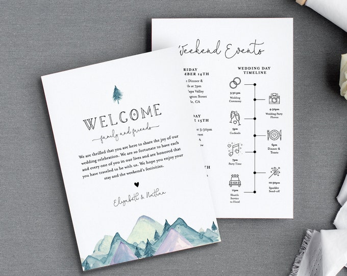 Rustic Welcome Letter & Timeline Template, Mountain Wedding Order of Events, Itinerary, INSTANT DOWNLOAD, 100% Editable Text #063-130WB