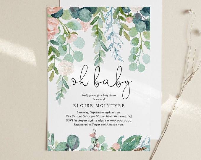 Printable Baby Shower Invitation, Lush Garden Greenery, Baby Shower Invite Template, 100% Editable Text, Instant Download, DIY #068A-111BA