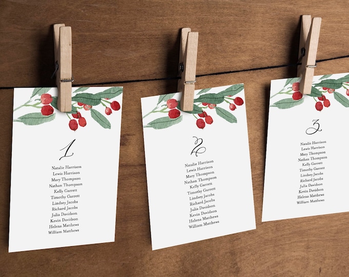 Winter Wedding Seating Chart Template, Holly Seating Cards, Christmas, 100% Editable Text, Printable, Instant Download, Templett #071-115SP