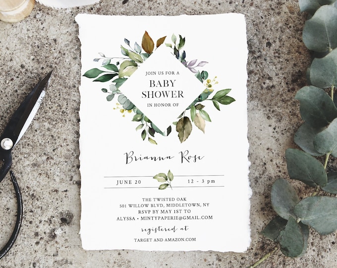 Greenery Baby Shower Invitation Template, Foliage, Bohemian Shower, 100% Editable Text, Printable, Instant Download, Templett #005-109BA