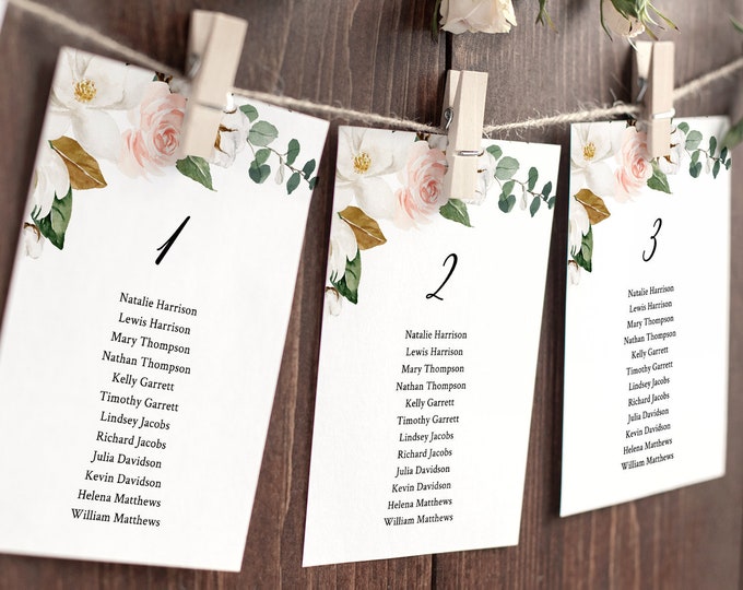 Wedding Seating Chart Printable, Editable Table Seating Cards, Magnolia Floral & Greenery Seating Plan Template, INSTANT DOWNLOAD #015-119SP