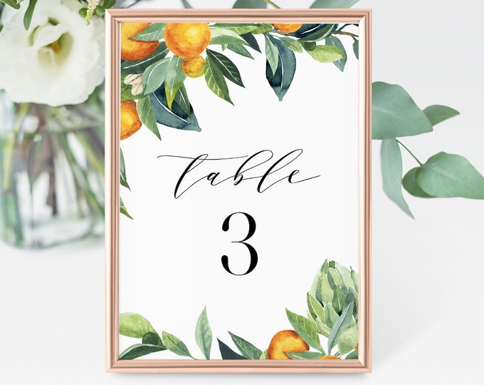 Wedding Table Number Card, Printable Bridal Seating Card, Orange Citrus Blossom, INSTANT DOWNLOAD, Editable Template, Templett #084-148TC