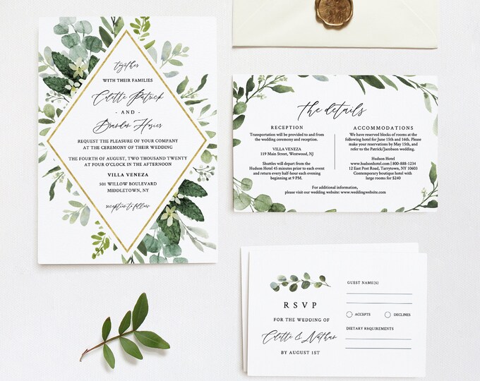 Wedding Invitation Suite, Greenery Bohemian Invite, RSVP and Details, Editable Template, Printable, INSTANT DOWNLOAD, Templett #082B