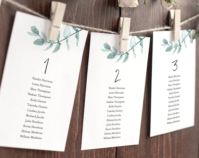 Eucalyptus Seating Chart Template, Wedding Seating Cards, 100% Editable Text, Modern Greenery, Instant Download, Templett, DIY #049-120SP