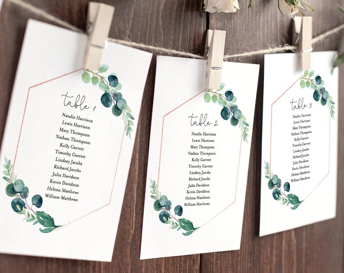 Seating Chart Printable, Table Seating Cards, Greenery Wedding Seating Plan Template, INSTANT DOWNLOAD, 100% Editable Text #068B-122SP