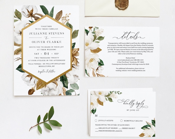 Magnolia Wedding Invitation Set, Ivory Cotton, Rich Greenery, Southern Wedding Invite, Editable Template, INSTANT DOWNLOAD, Templett #015A