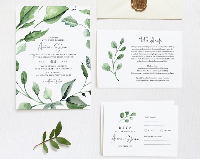 Greenery Wedding Invitation Template, Printable Foliage Invite, RSVP and Details, INSTANT DOWNLOAD, 100% Editable Text, DiY, Templett #059A