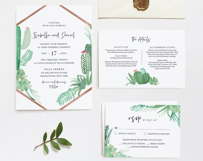 Succulent Wedding Invitation Set Template, INSTANT DOWNLOAD, 100% Editable Text, Cactus Invite, RSVP & Detail, Printable, Templett #086B