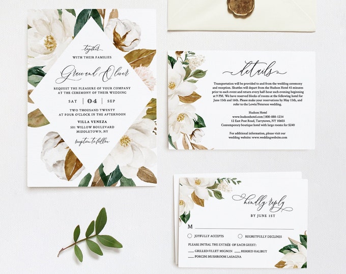 Wedding Invitation Set, Cream Magnolia, Ivory Cotton & Rich Greenery, Southern Wedding, Editable Template, INSTANT DOWNLOAD, Templett #015A